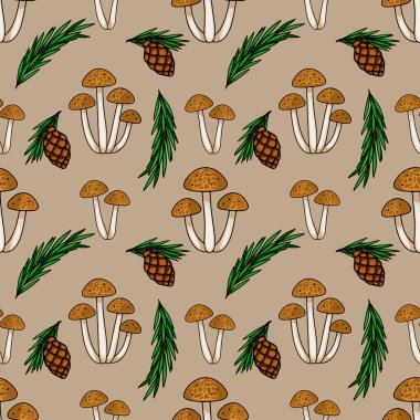 Kahverengi mantar kümeleri, çam kozalakları ve köknar dallarını bej bir arka planda içeren kusursuz vektör deseni büyüleyici bir sonbahar orman çizimi oluşturur..