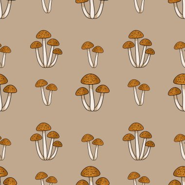 Kusursuz bir vektör deseni, karmaşık biçimde detaylı kahverengi mantar kümelerini, sönük bej bir arka plana karşı, sessiz bej kökleri ile birlikte, uyumlu bir sonbahar tasarımı oluşturur..