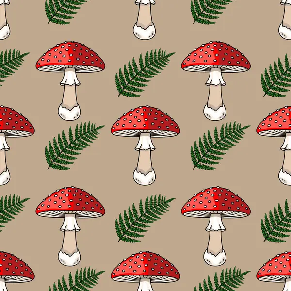 Beyaz noktalı ve yemyeşil eğreltiotu yapraklı canlı kırmızı zehirli mantar resimlerini içeren kusursuz bir vektör deseni sessiz bej arka planda büyüleyici bir sonbahar tasarımı yaratıyor..