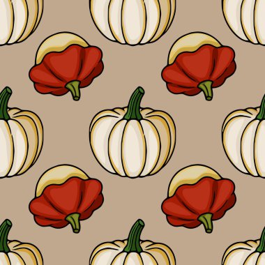 Elle çizilmiş beyaz kabak ve küçük kırmızı kabak çizimleriyle kusursuz vektör deseni sonbahar temalı projeler için mükemmel bir sonbahar tasarımı yaratıyor..