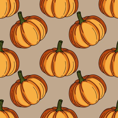 Güz tasarımları için ideal, sessiz, taupe arkaplan üzerinde detaylı dokusu olan el yapımı olgun balkabaklarının kusursuz vektör deseni.