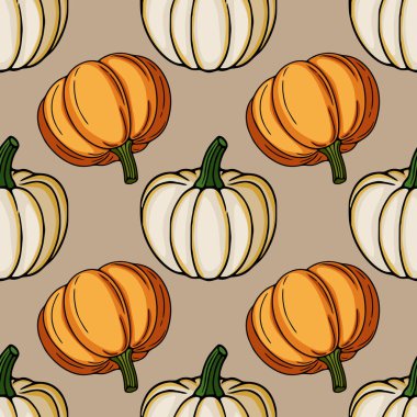 Turuncu ve beyaz el yapımı balkabaklarının kusursuz vektör deseni, alternatif renkler ve basit, güz rengi arka plan, sonbahar temalı tasarımlar için ideal.