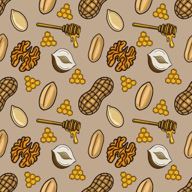 Fıstık, ceviz, fındık, bal peteği ve bal kaplamasından oluşan kusursuz vektör deseni, el çizimi çizgi film tarzında, sıcak kahverengi ve altın renginde paletle..