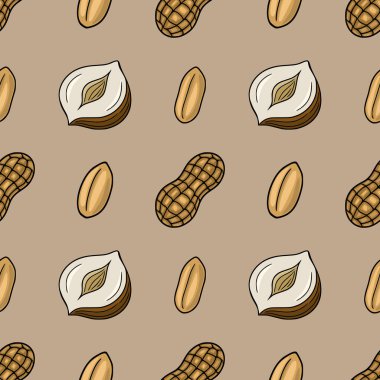 Kabuklu ve kabuklu fıstıklardan oluşan kusursuz vektör deseni, kahverengi ve bej renkli çizgi film tarzında çizilmiş, gıda paketleme tasarımı ya da sonbahar temalı projeler için mükemmel..
