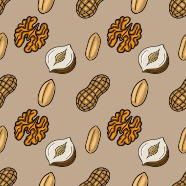 Ceviz, fıstık ve fındık karışımından oluşan kusursuz bir vektör deseni, elle çizilmiş, sıcak, dünyevi tonlarda, sonbahar tasarımları ve yemekle ilgili projeler için ideal..