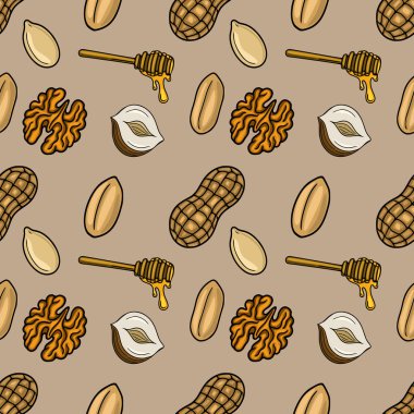 Fıstık, ceviz, fındık, balkabağı tohumu ve bal tohumlarının bej arka planda kusursuz vektör deseni, ambalaj tasarımı veya yemek blogu için mükemmel ve sağlıklı bir illüstrasyon.