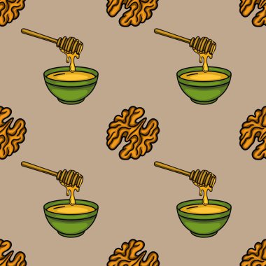 Ahşap bir kaptan yeşil bir kâseye ve bej arka planda ceviz damlatan kusursuz bal vektör deseni kırsal ve doğal bir tasarım yaratıyor..