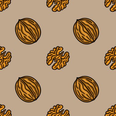 Kabuk ve yarıya çizilmiş el yapımı cevizlerin kusursuz vektör deseni, sıcak kahverengi ve altın rengi palet, sonbahar tasarımları ve besinle ilgili projeler için mükemmel.