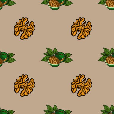 Ceviz ve yaprakların kusursuz vektör deseni stilize bir tasarım, hem fındık hem de kabuklu yarımlar, eşsiz ve görsel olarak çekici bir doku oluşturur.
