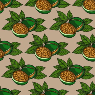 Bej arka planda yeşil yapraklı kusursuz ceviz kalıbı zengin renkler ve doğal hislerle detaylı bir çizim, sonbahar tasarımları için idealdir..