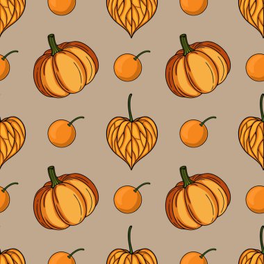 Bej bir zemin üzerinde el yapımı balkabakları, fizsalis ve sonbahar yaprakları ile kusursuz vektör deseni, sonbahar temalı projeler için büyüleyici bir sonbahar tasarımı yaratıyor..