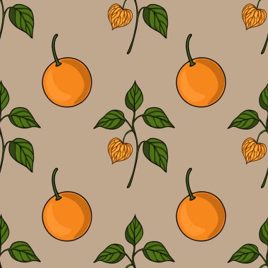 Kapalı bir bej arka planda biçimlendirilmiş portakallar ve bitki özü içeren kusursuz bir vektör deseni, tekstil baskıları veya markalaşma için minimalist bir sonbahar tasarımı oluşturur..