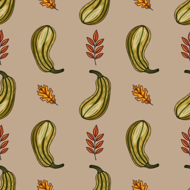 Elle çizilmiş sonbahar sukabakları, meşe yaprakları ve sıcak, toprak renkte stilize dalları olan kusursuz vektör deseni sonbahar temalı tasarımlar ve tekstil baskıları için mükemmel..