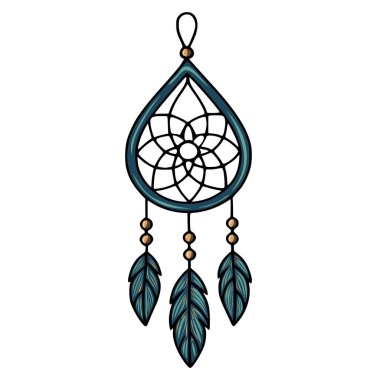 Gözyaşı biçimli vektör düş kapanı çizimi. Karmaşık geometrik desenli, deniz mavisi ve altın aksanlı ve üç detaylı tüy..