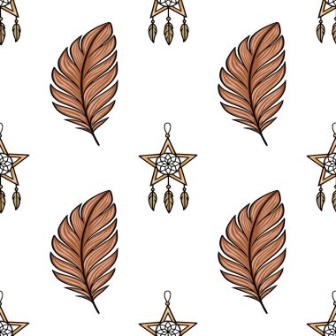 Şekillendirilmiş kahverengi tüyleri ve yıldız rüya yakalayıcıları olan kusursuz vektör deseni, boho şık tekstil tasarımı veya modern duvar kağıdı tasarımı için mükemmel..
