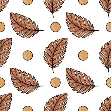 Biçimlendirilmiş kahverengi yapraklar ve bej daireler içeren kusursuz vektör deseni, çeşitli uygulamalar için mükemmel minimalist ve zarif bir tasarım yaratıyor..
