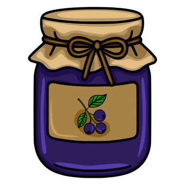 Böğürtlen reçel kavanozunun temsili, kahverengi kurdeleyle tutturulmuş, el çizimi bir stil ve kırsal estetik içeriyor..