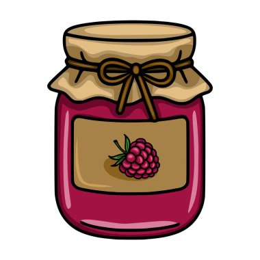 Bir ahududu reçel kavanozunun kahverengi kurdeleli ve tek bir ahududu sergilenen büyüleyici bir kağıt kapağı içeren harika bir vektör çizimi..