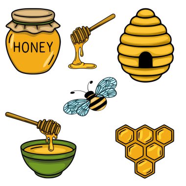 Bal elementlerinin sevimli vektör çizimi: kavanoz, arı kovanı, bal kovanı, bal peteği ve uçan arı, bal temalı tasarımlar için mükemmel.