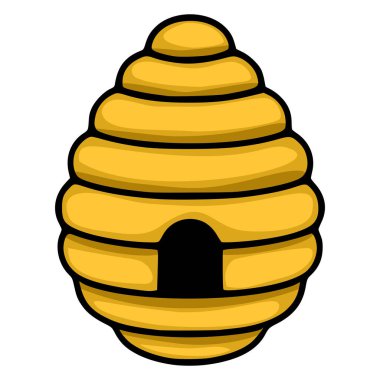 Farklı katmanlı bir tasarımı olan bir çizgi film arı kovanının sevimli vektör çizimi, altın sarısı bir palet ve basit, koyu siyah bir dış hatla sergileniyor..