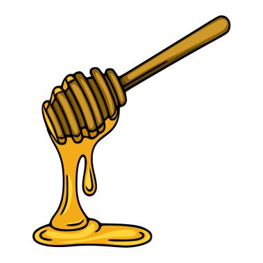 Bal damlatan ballı bir balın vektör çizimi. Detaylı ahşap sapı ve altın bal dokusuyla sergileniyor..