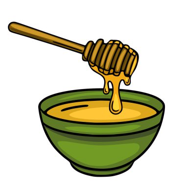 Altın balı yeşil bir kaseye damlatan balın vektör çizimi, canlı ve iştah açıcı bir tasarım bal ile ilgili markalaşma ya da yiyecek ambalajı için mükemmel..