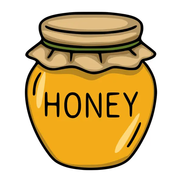 Bal kavanozunun büyüleyici bir temsili, bej kapaklı ve yeşil bantlı bir el çizimi stili, oyuncu ve iştah açıcı bir tasarım sunuyor, yiyecek etiketleri ya da ambalajlar için mükemmel..