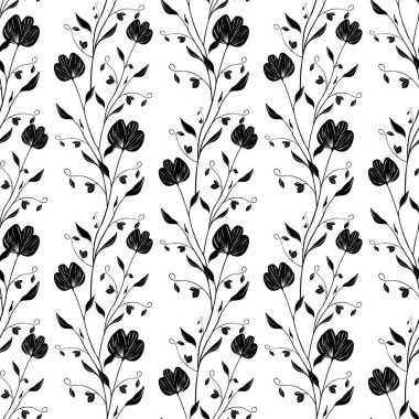 Şekillendirilmiş siyah bezelye çiçeklerinin kusursuz vektör deseni ve beyaz arkaplanda yapraklar zarif ve minimalist bir çiçek tasarımı yaratıyor..