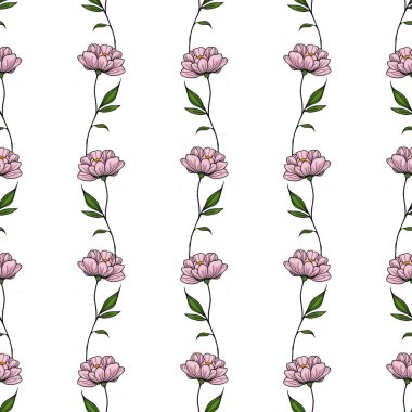 Hassas pembe şakayıklardan ve yeşil yapraklardan oluşan kusursuz bir vektör deseni beyaz arkaplanda dikey çizgiler oluşturarak zarif ve zarif bir çiçek tasarımı yaratıyor..