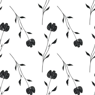 Beyaz arka planda şekillendirilmiş siyah çiçek elementleriyle zarif, pürüzsüz vektör deseni, narin çiçek tomurcukları ve minimalist bir tasarım içeriyor..