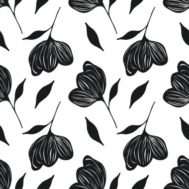 Şekillendirilmiş siyah ve beyaz çiçek ve yapraklarla kusursuz vektör deseni, zarif tasarım uygulamaları için eşsiz bir el çizimi dokuma biçimi.