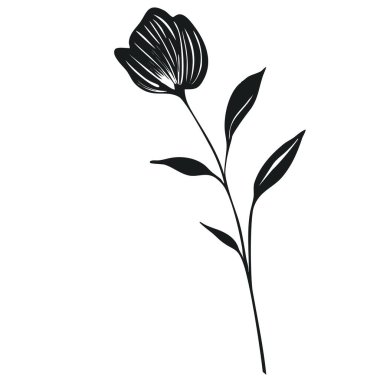 Çizgisel yaprakları olan tek bir siyah çiçeğin zarif vektör çizimi, minimalist tasarımlar ve botanik baskılar için mükemmel..