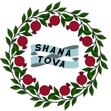 Rosh Hashanah vektör illüstrasyonu. Yapraklı ve şeritli bir nar çelengi. Shana Tova, şenlikli tasarımlar ve selamlar için mükemmel..