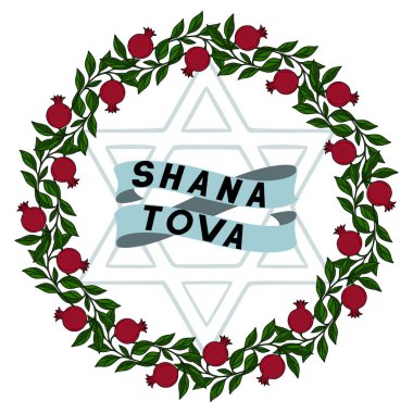 Bir nar çelengi ve Shana Tova kurdele afişi ile çevrelenmiş Davut Yıldızı 'nın yer aldığı şenlikli Rosh Hashanah vektör çizimi, bayram kutlamaları için mükemmel..