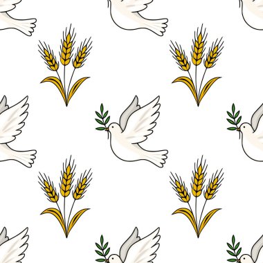 Beyaz güvercinlerin zeytin dalları ve altın buğday sapları taşıdığı kusursuz vektör deseni, barış ve bolluğu simgeliyor, Rosh Hashanah veya dini tasarımlar için ideal..