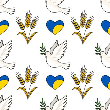 Zeytin dallı güvercinler, buğday sapları ve Ukrayna kalp sembolleri içeren kusursuz vektör deseni, barış ve umudu simgeliyor..