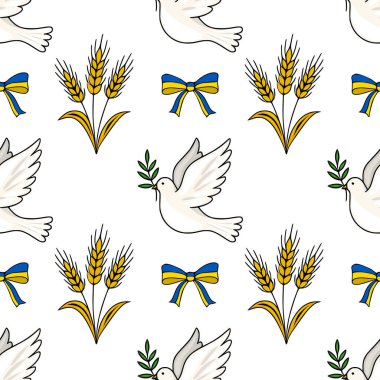 Zeytin dallı güvercinler, buğday sapları ve Ukrayna kurdeleleri içeren kusursuz vektör deseni, barış ve umudu simgeliyor..