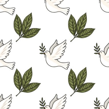 Beyaz güvercinlerin zeytin dalları ve stilize yeşil yapraklar taşıdığı kusursuz vektör deseni, Rosh Hashanah veya barış temalı tasarımlar için idealdir..