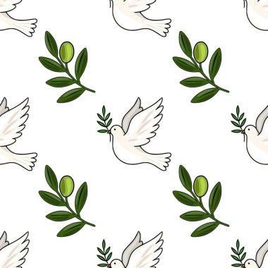 Beyaz güvercinlerin zeytin dalları taşıması, barış ve umudu sembolize eden kusursuz vektör deseni, beyaz arka plana karşı minimalist bir çizgi film tarzında çizilmiş..