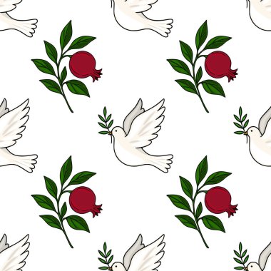 Zeytin dalları ve nar dalları taşıyan, barış ve bolluğu sembolize eden, Rosh Hashanah veya diğer kutlama tasarımları için mükemmel beyaz güvercinler içeren kusursuz vektör deseni..