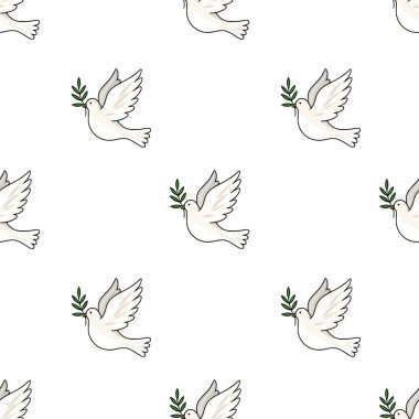 Zeytin dalları taşıyan beyaz güvercinlerin kusursuz vektör deseni, barışı ve umudu sembolize ediyor, dini veya kutlama tasarımları için mükemmel..