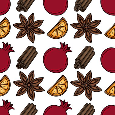 Elle çizilmiş nar, tarçın, yıldız anason ve portakal dilimlerinden oluşan kusursuz vektör deseni mevsimlik projeler için ideal şenlikli ve ılık bir sonbahar tasarımı yaratıyor..