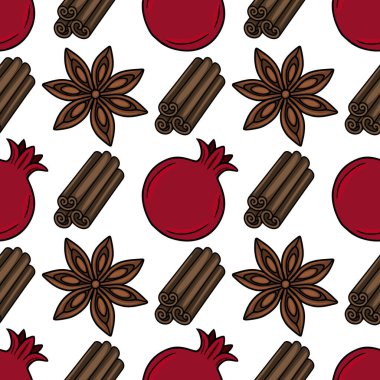 Elle çizilmiş nar, tarçın ve yıldız anason desenli kusursuz vektör deseni Rosh Hashanah ya da kış tatili temaları için mükemmel bir şenlik ve aromatik tasarım yaratıyor..