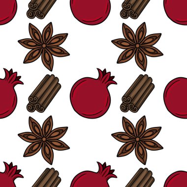 Nar, tarçın ve yıldız anason desenli kusursuz vektör deseni. Rosh Hashanah ya da kış tatili için mükemmel bir şenlik tasarımı..