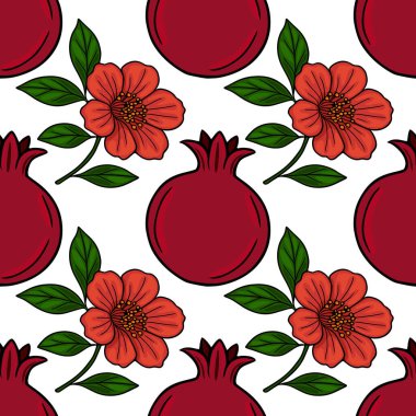 Olgun nar ve stilize kırmızı çiçeklerden oluşan kusursuz vektör deseni, canlı bir illüstrasyon Rosh Hashanah ya da sonbahar tasarımları için mükemmel..