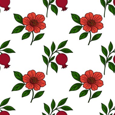 Şekillendirilmiş nar çiçekleri ve meyvelerle kusursuz vektör deseni, tekstil baskıları, ambalaj kağıtları veya şenlikli tasarımlar için mükemmel..