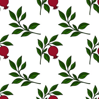 Koyu yeşil yaprakları ve olgun kırmızı meyveleri olan biçimlendirilmiş nar dallarının kusursuz vektör deseni, tekstil tasarımı veya şenlikli arka planlar için mükemmel..