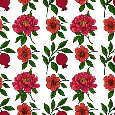 El yapımı şakayıklar, nar meyveleri ve beyaz arka planda yapraklarla kusursuz vektör deseni, tekstil baskıları veya duvar kağıtları için ideal canlı bir çiçek tasarımı yaratıyor..