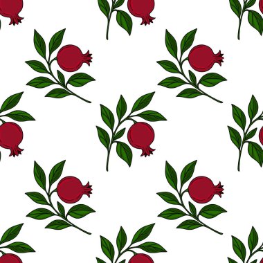 Kırmızı meyveli ve yeşil yapraklı biçimlendirilmiş nar dallarının kusursuz vektör deseni, tekstil tasarımı veya şenlikli arka planlar için mükemmeldir..