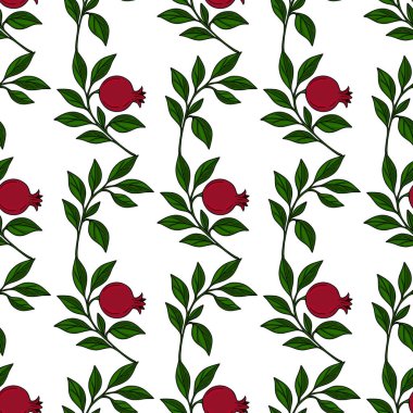 Koyu yeşil yapraklı ve olgun kırmızı meyveli kusursuz nar dalları, tekstil izleri veya yüzey desenleri için tekrarlanan botanik bir tasarım oluşturur..